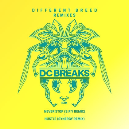 Never Stop (S.P.Y Remix) / Hustle (Synergy Remix) album by DC Breaks - Drum and Bass Cover Art
